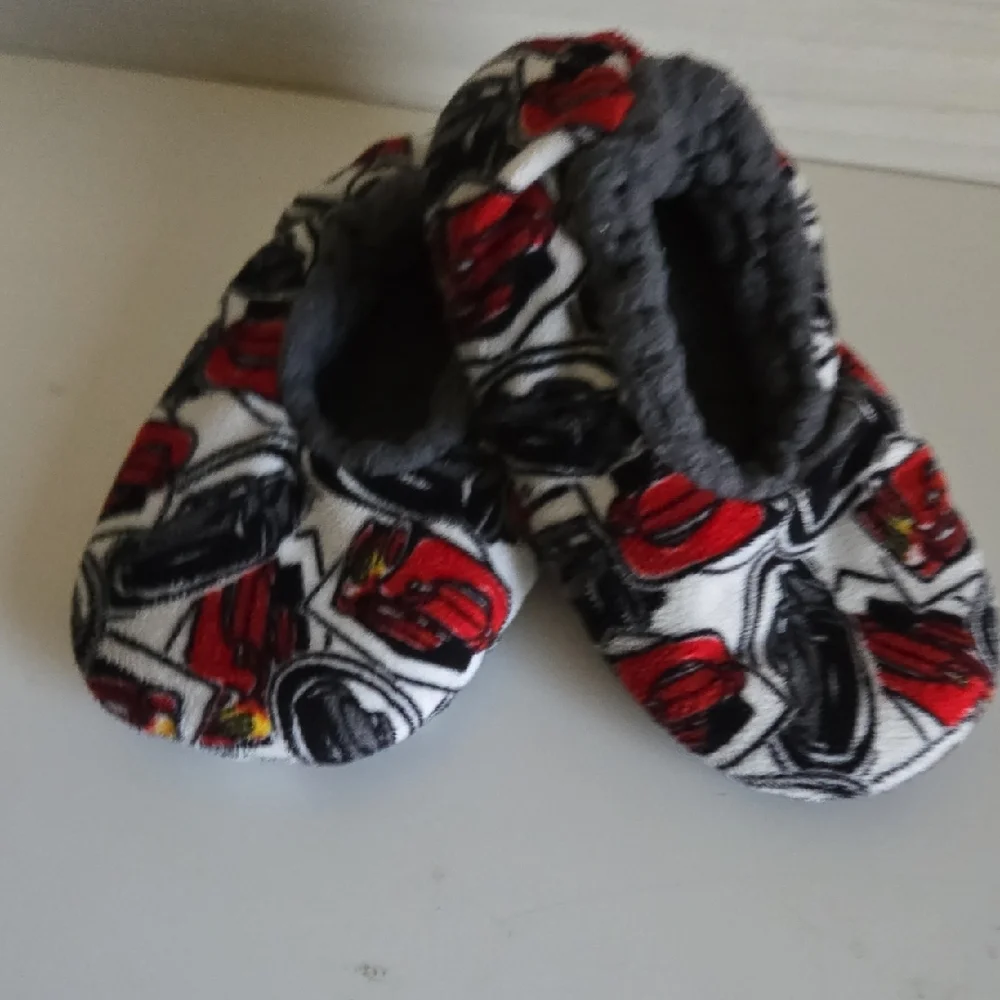 Kids Plush Slip-On Slippers with Red Car Print